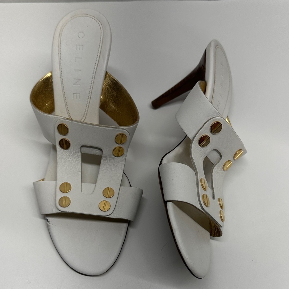 Celine Triomphe Heels High Heel Shoes Open Toe Leather White Gold Studs Size 37 - Picture 2 of 14